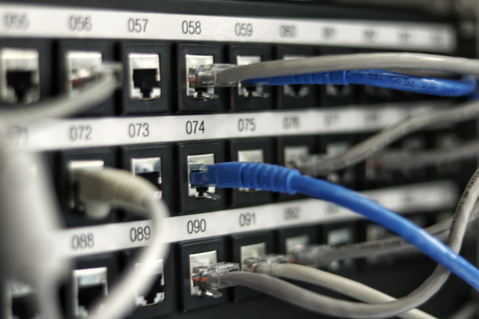 A patch panel of numbered RJ45 ports, blue and grey network cables plugged into several of them