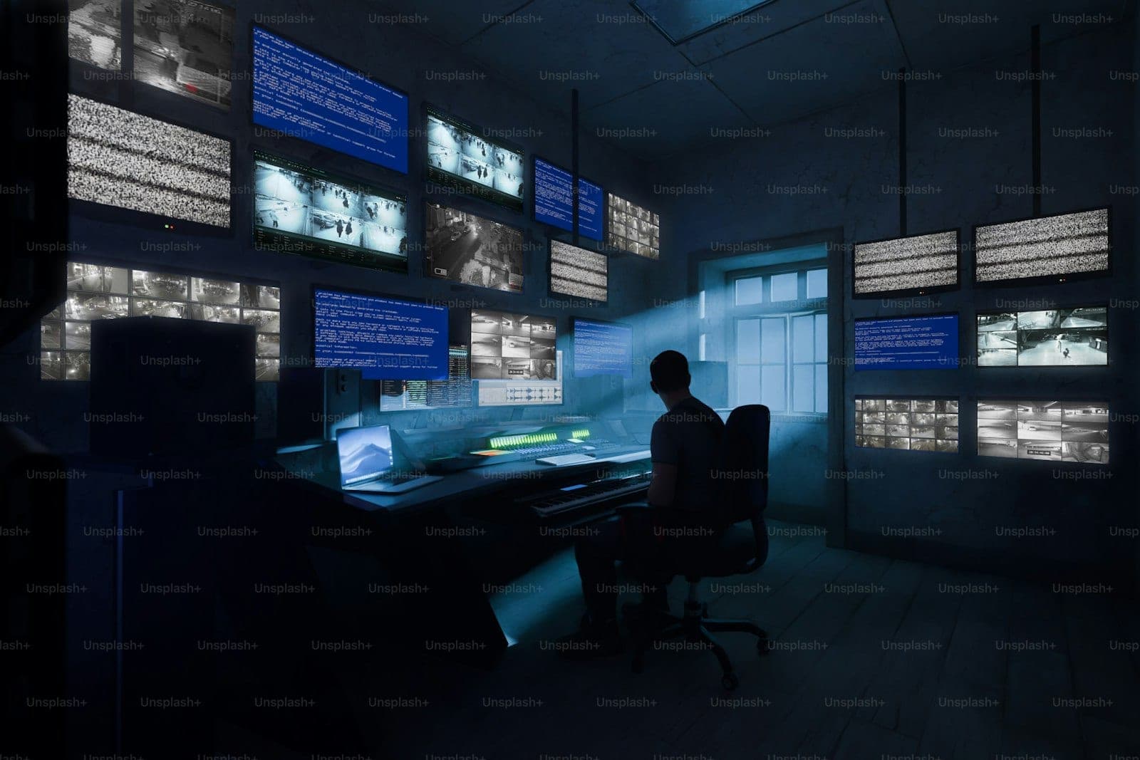 A darkened security operations centre lined with monitoring displays