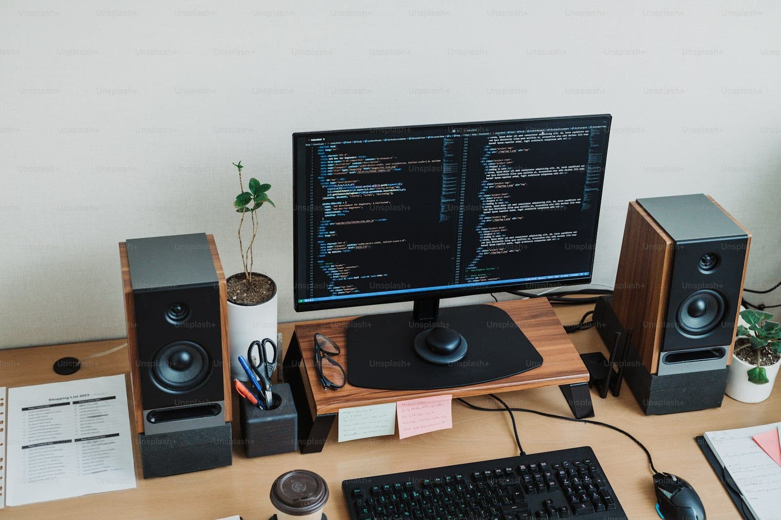 A developer's desk with two monitors showing source code side by side